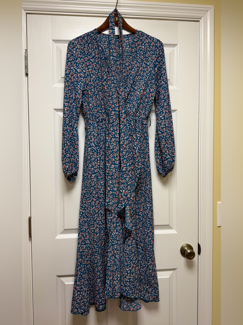 Floral Long-Sleeve Blue Wrap Midi Dress